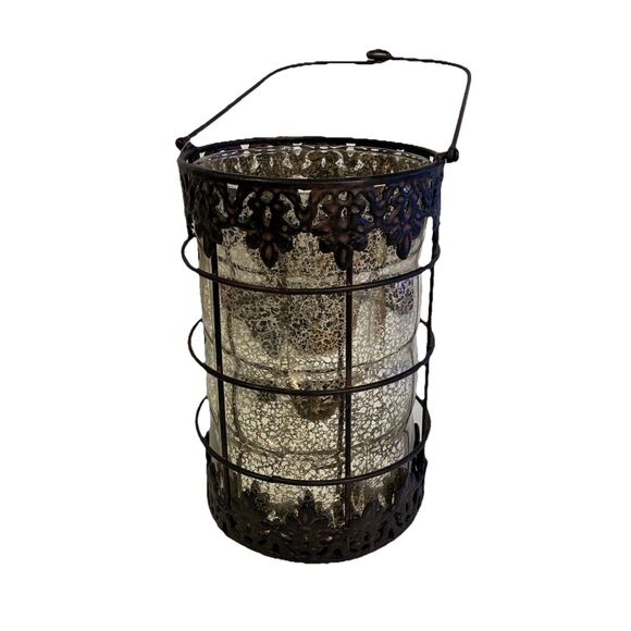 Decorative Metal And Speckled Glass Candle Holders. 2 Pieces. 8” W/out Handle - Picture 1 of 7